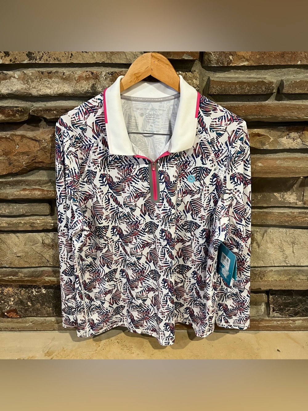Coolibar Victory Lap Golf Pogo White Palm-Leaf Print Long Sleeve